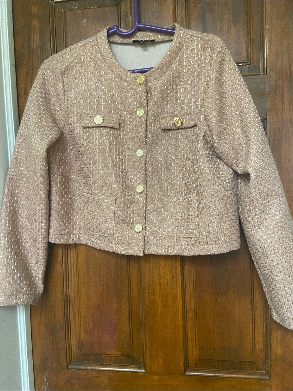 Cropped Blush Bouclé Jacket with Gold Buttons